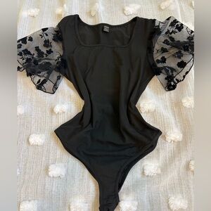 SHEIN Black Bodysuit with Sheer Floral Puff Sleeves